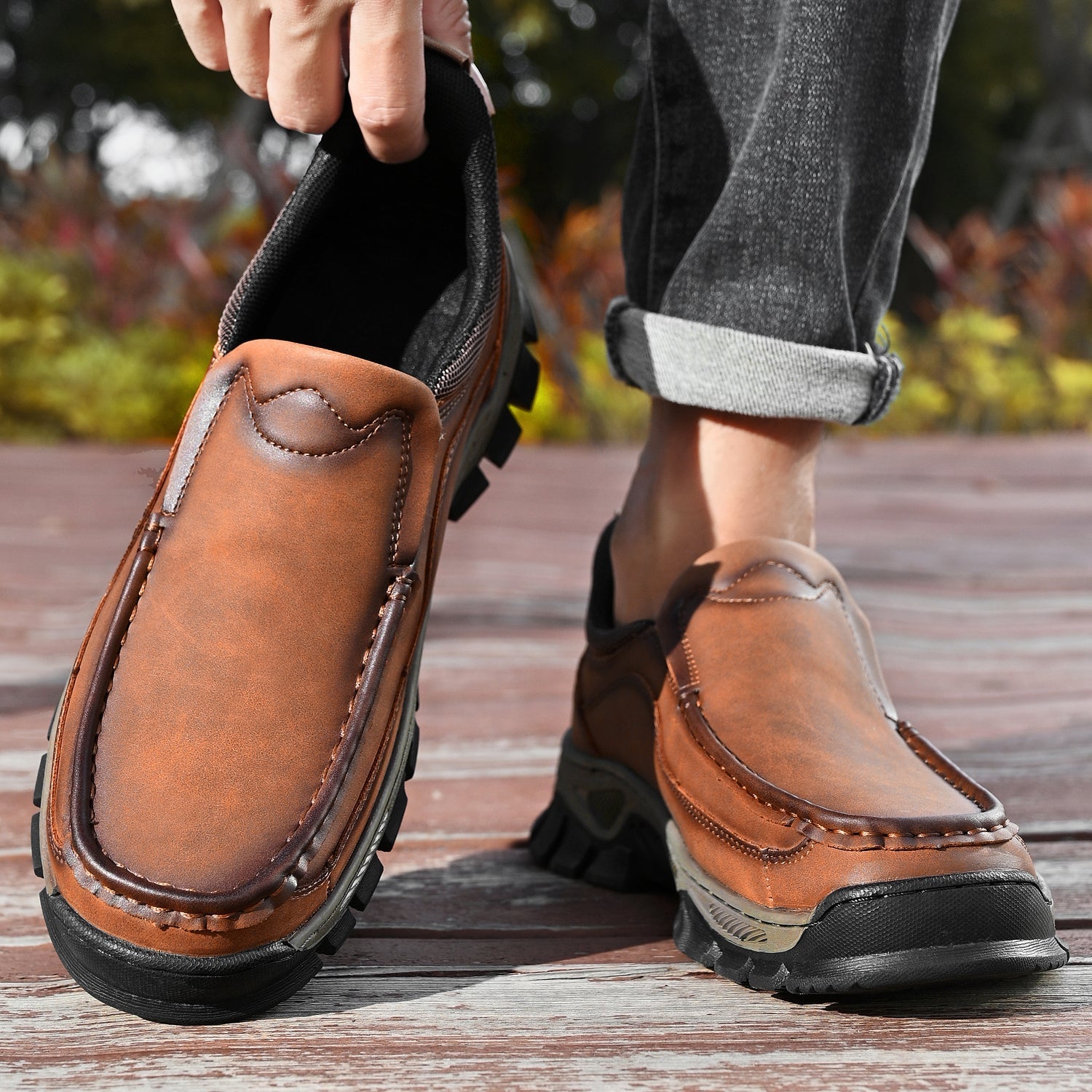 Mostelo® Mens Slip On Casual Outdoor Leather Walking Hiking Shoes V3672/V3673