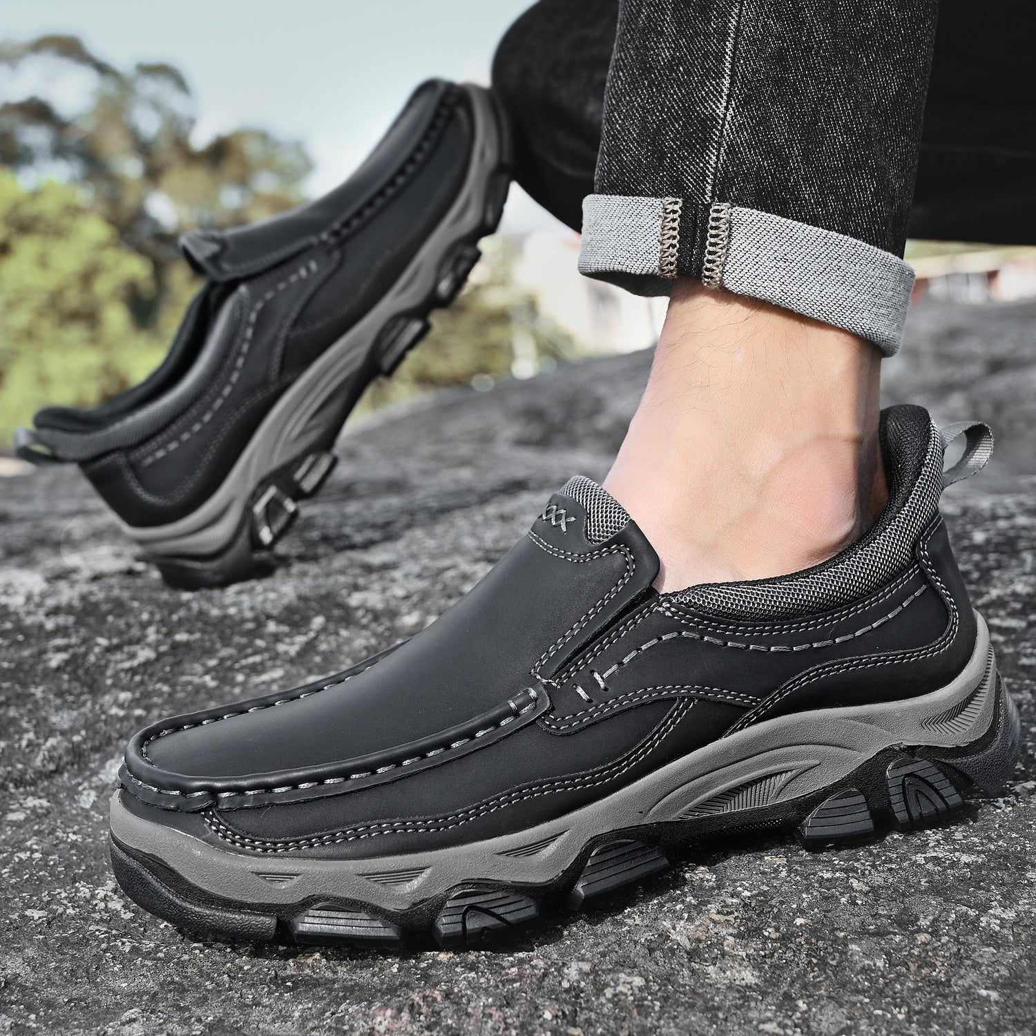 Mostelo® Mens Slip On Casual Outdoor Leather Walking Hiking Shoes V3672/V3673