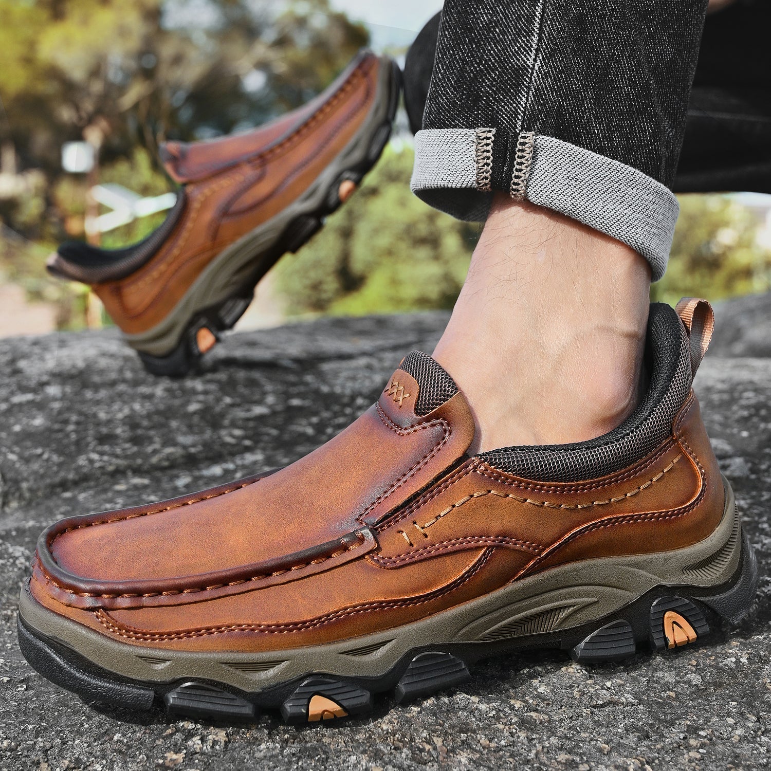 Mostelo® Mens Slip On Casual Outdoor Leather Walking Hiking Shoes V3672/V3673