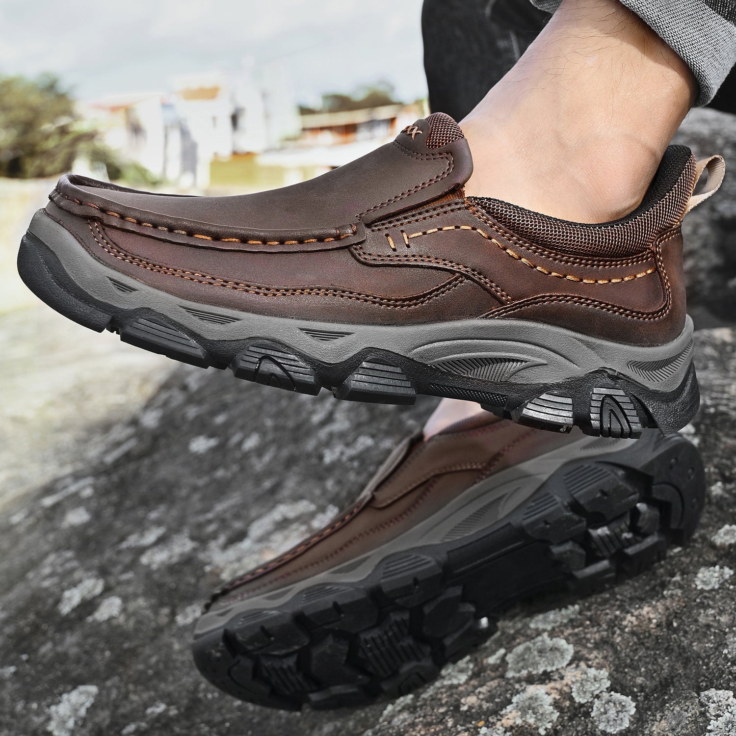 Mostelo® Mens Slip On Casual Outdoor Leather Walking Hiking Shoes V3672/V3673